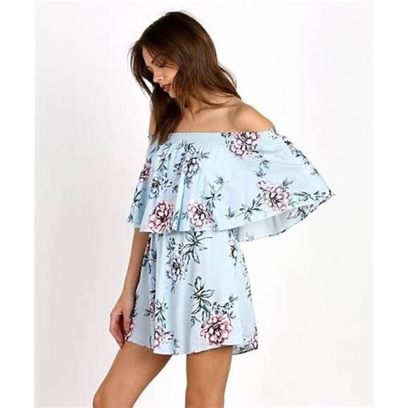 Show Me Your MuMu Casita Blue Wildflower Breeze Floral Off Shoulder Mini Dress M - Picture 2 of 9